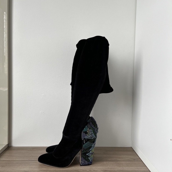 Sergio Rossi Black EMBELLISHED VELVET Over Knee Boots Shoes Sz 5.5 US NEW - Picture 4 of 12